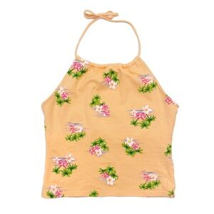 Vintage Y2K 00s Energie Pastel Orange Tropical Print Tie Back Halter Neck Top